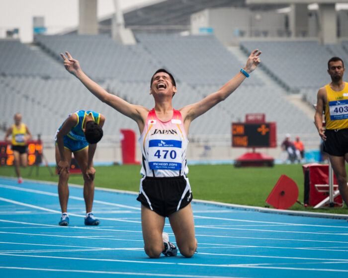 堀越信司（26歳・NTT西日本）1500M、T12のゴール後、満足のいく走りができた堀越の表情が輝いていた