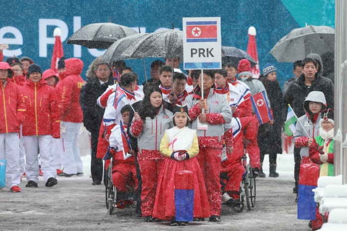 ３月８日、入村式での北朝鮮選手団　写真・中村 ”Manto” 真人