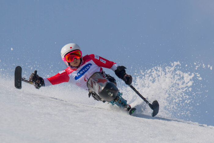 ３月１４日・平昌パラリンピック・アルペンスキー大回転での村岡桃佳の金メダルの滑り　（写真・堀切功）