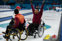 Jianxin Chen CHN (L) and Haitao Wang CHN celebrate victory in the Wheelchair Curling Gold Medal Game between the People's Republic of China and Norway at the Gangneung Curling Centre. The Paralympic Winter Games, PyeongChang, South Korea, Saturday 17th March 2018. Photo: Joel Marklund for OIS/IOC. Handout image supplied by OIS/IOC