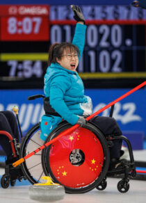 Zhuo Yan CHN reacts during the Wheelchair Curling Round Robin Session 15 - China vs Great Britain at the National Aquatics Centre. Beijing 2022 Winter Paralympic Games, Zhangjiakou, China, Thursday 10 March 2022. Photo: OIS/Chloe Knott. Handout image supplied by OIS/IOCHans