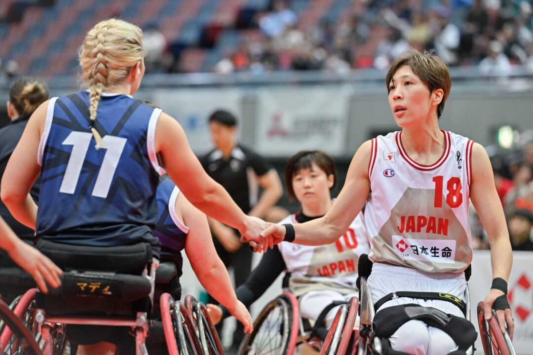 去る2月、前哨戦となった、2024国際親善女子車いすバスケットボール大阪大会（大阪カップ）でのキャプテン北田千尋。同じAsueアリーナ大阪で開催された。　写真・薮功也