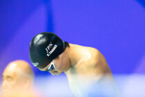男子50m自由形S5のスタート前の田中映伍。決勝ではいつも前半で中国の選手に放されてしまうが後半でペースを落とさず銅メダル を獲得する。 写真・秋冨哲生